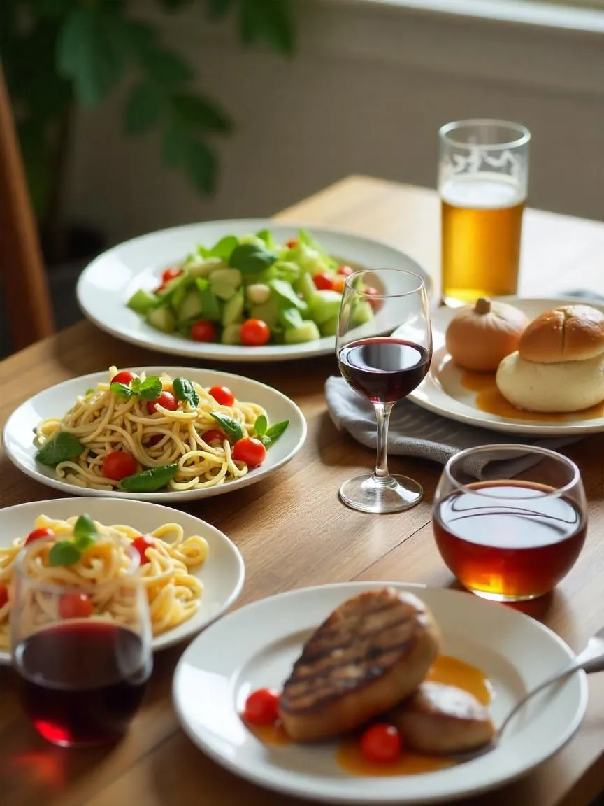 Table with a variety of meals and drinks, each thoughtfully paired to complement flavors, including salad, pasta, grilled meat, and dessert. 