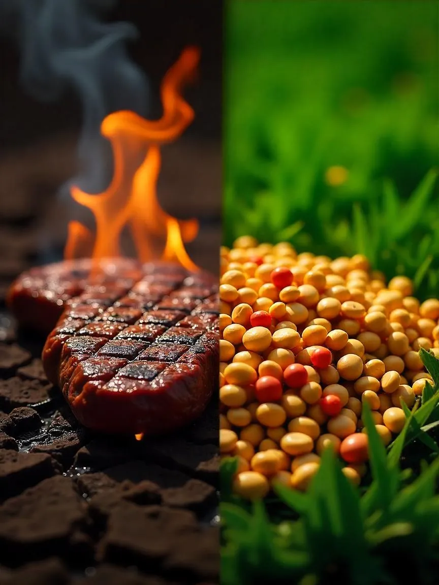 Visual contrast of the environmental impact of animal-based versus plant-based foods.