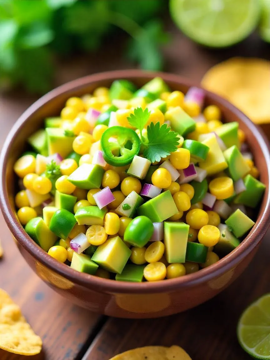 Colorful avocado and corn salsa with red onion and cilantro in a bowl, surrounded by tortilla chips and fresh lime wedges.