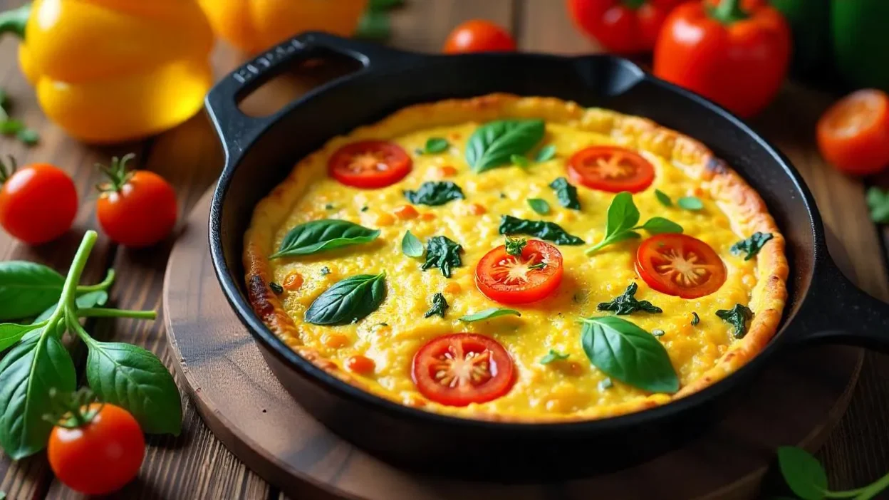 Colorful vegetable frittata in skillet with fresh tomatoes and spinach on wooden table.