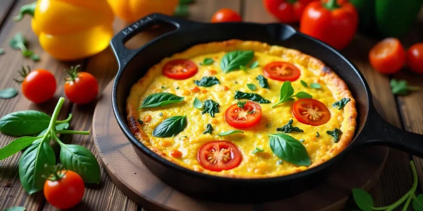 Colorful vegetable frittata in skillet with fresh tomatoes and spinach on wooden table.
