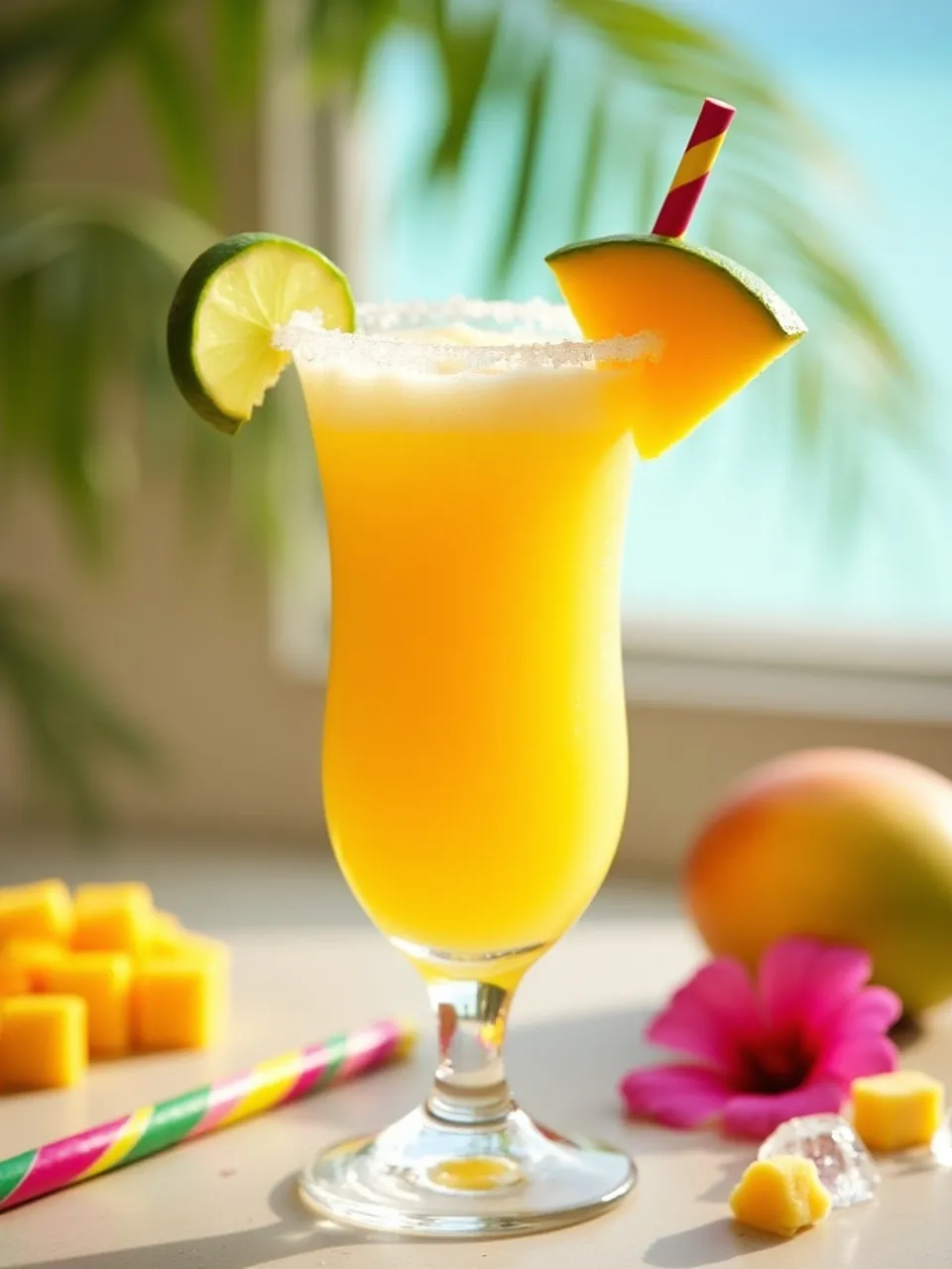 Frozen Mango Margarita in a margarita glass with lime and mango garnish, served on a sunny tropical table.
