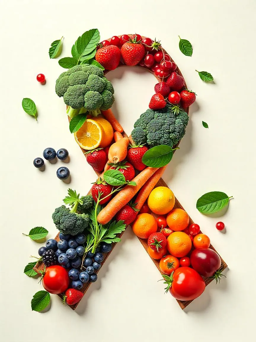 Colorful fruits and vegetables arranged around a cancer awareness ribbon, illustrating their potential protective role against certain cancers. 