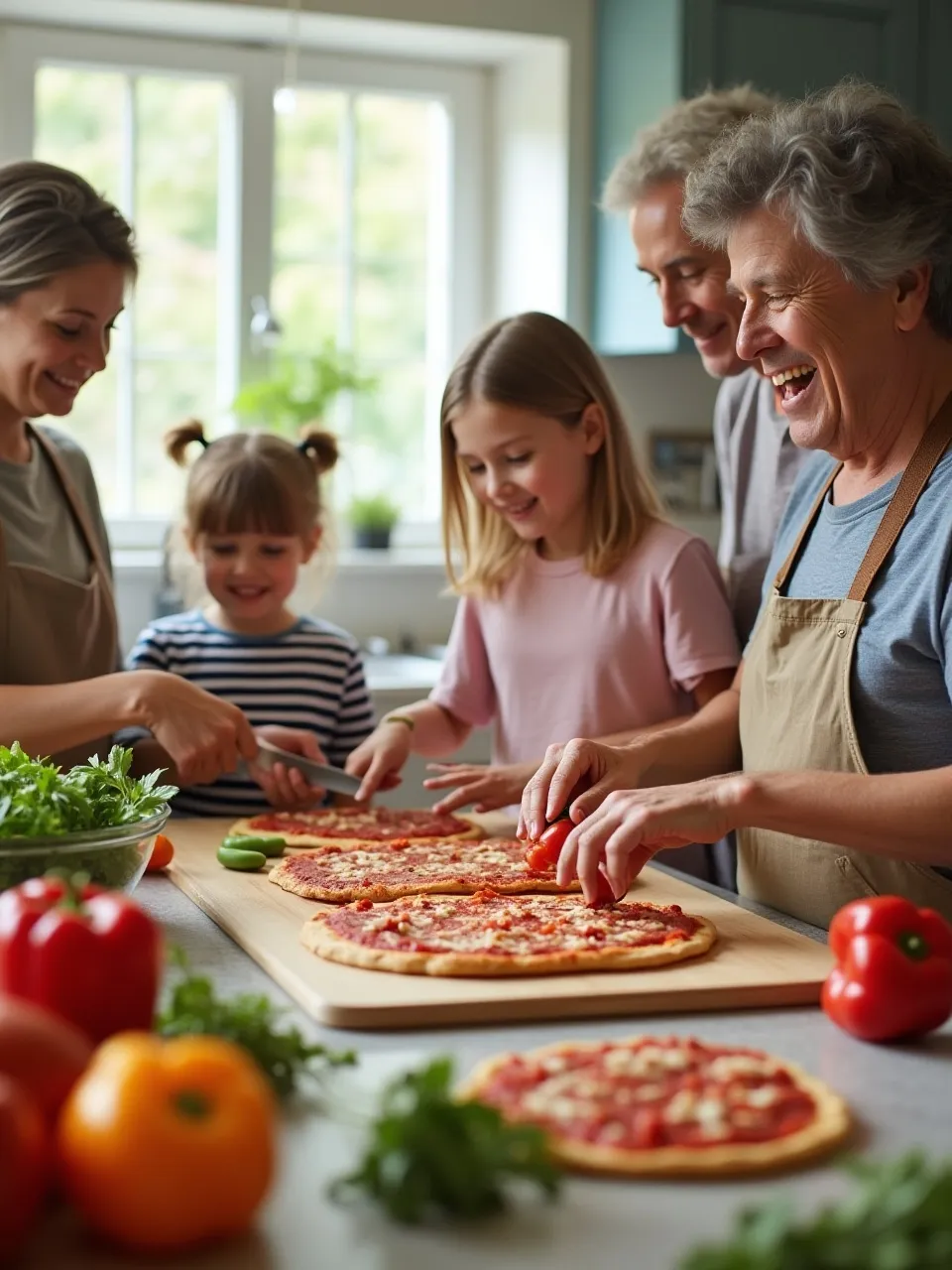 Family members cooking together in a bright kitchen, with kids making mini pizzas and adults preparing fresh ingredients for a weekend meal.