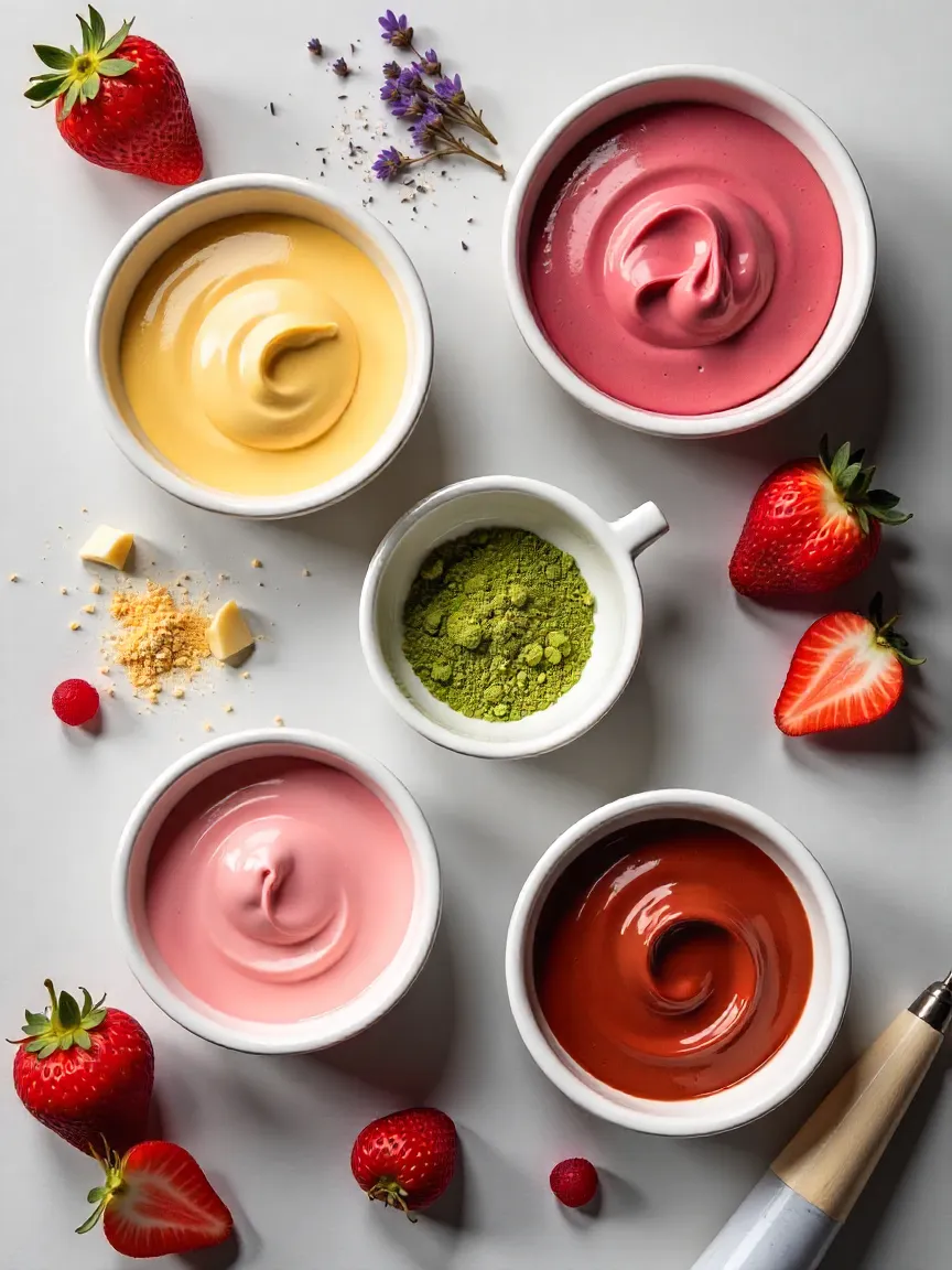 Bowls of buttercream, ganache, and fruit fillings with fresh ingredients and piping bags for macarons.
