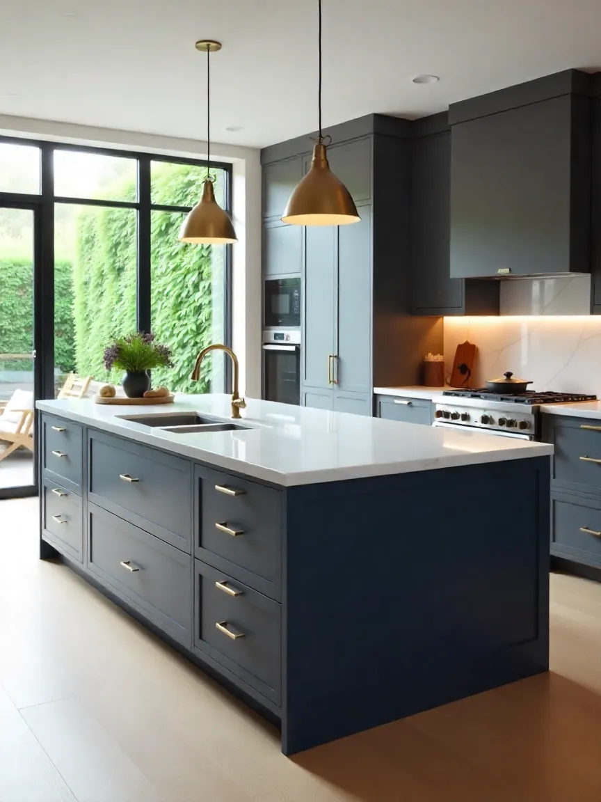 Modern kitchen island with built-in storage, sink, and cooktop for multifunctional use.