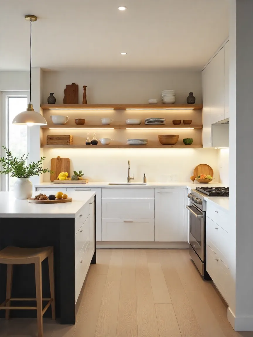 Modern kitchen with layered lighting: ambient ceiling lights, task lighting under cabinets, and accent lighting above shelves.