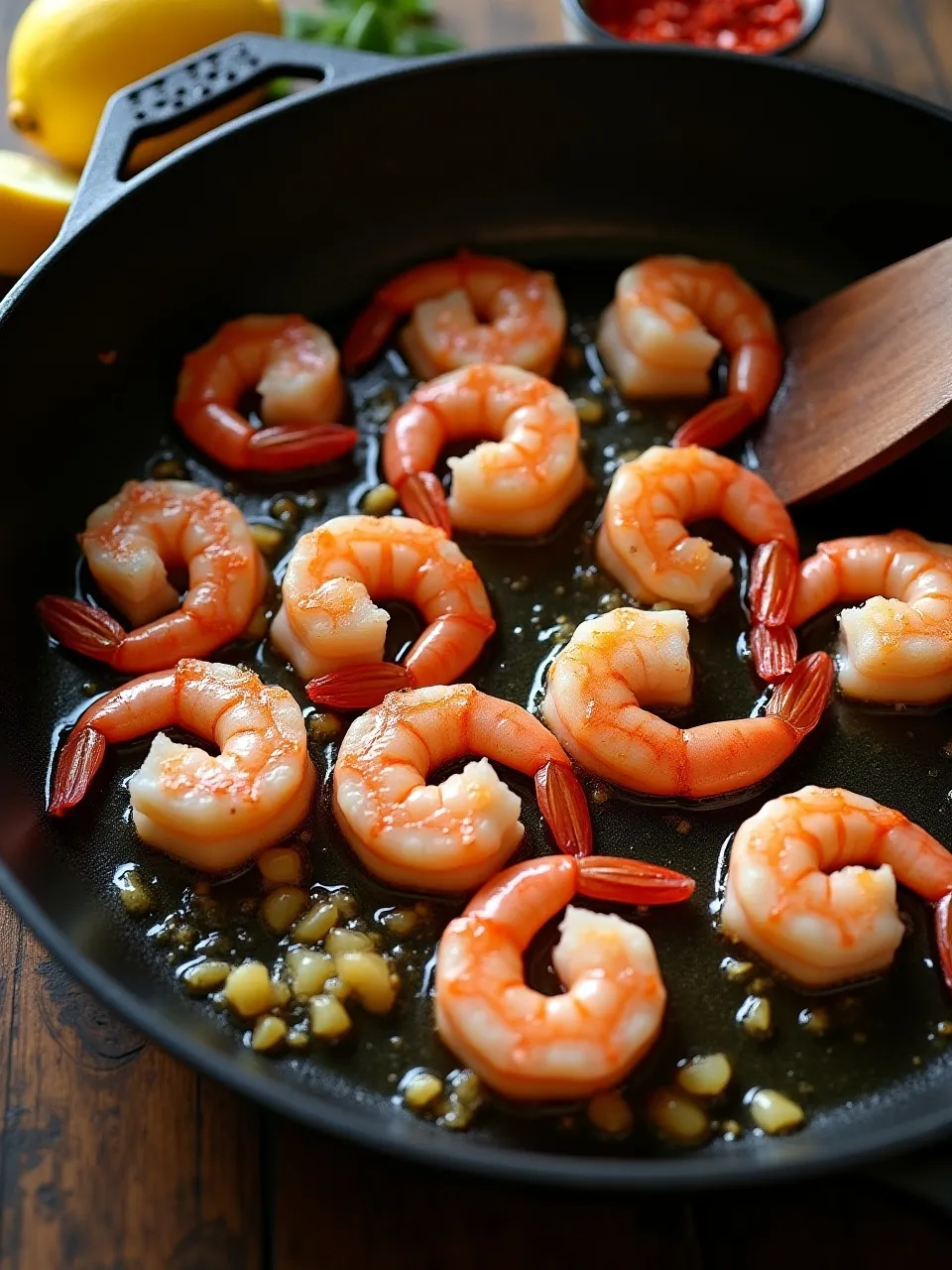 Shrimp being sautéed with minced garlic in a skillet, with olive oil and lemon wedges nearby.