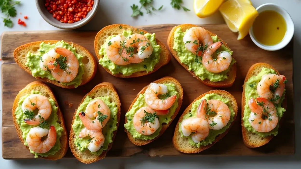 Garlic shrimp crostini topped with creamy avocado and fresh herbs on a wooden board with lemon wedges and olive oil.