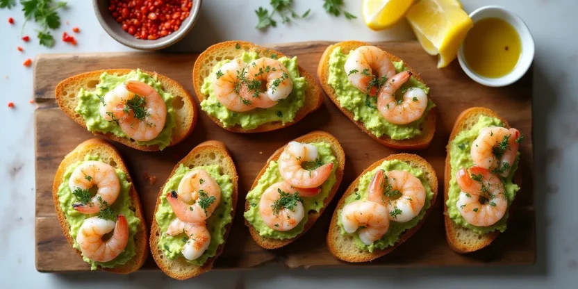 Garlic shrimp crostini topped with creamy avocado and fresh herbs on a wooden board with lemon wedges and olive oil.