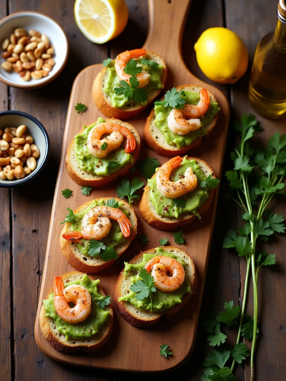 Garlic shrimp crostini with avocado garnished with herbs, olive oil drizzle, and red pepper flakes, arranged on a wooden board with lemon wedges.