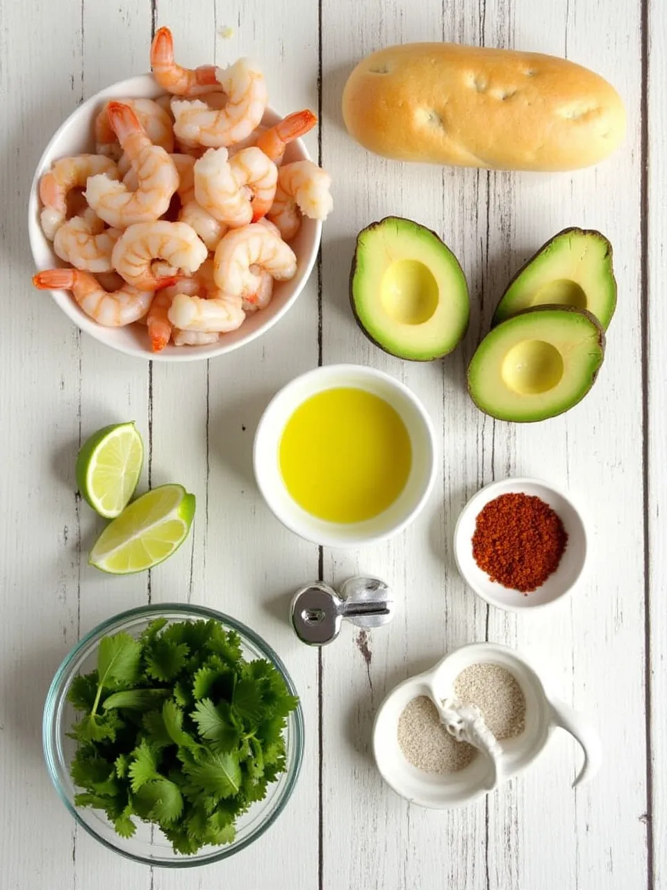 Ingredients for garlic shrimp crostini including baguette, shrimp, avocado, garlic, lime, olive oil, and herbs arranged on a kitchen surface.