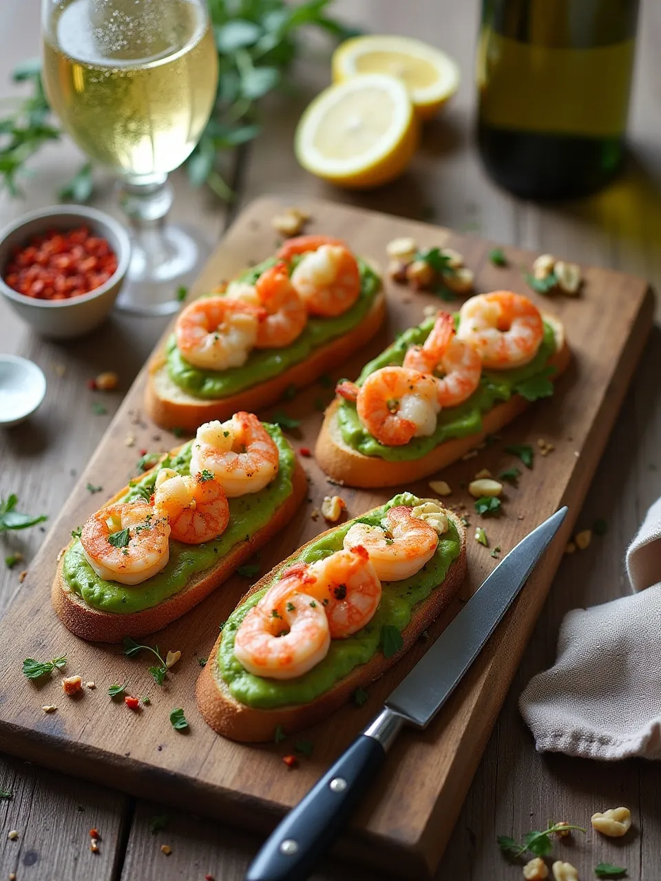 Garlic shrimp crostini with avocado served with white wine, garnished with fresh herbs, lemon zest, and toasted nuts on a rustic board.