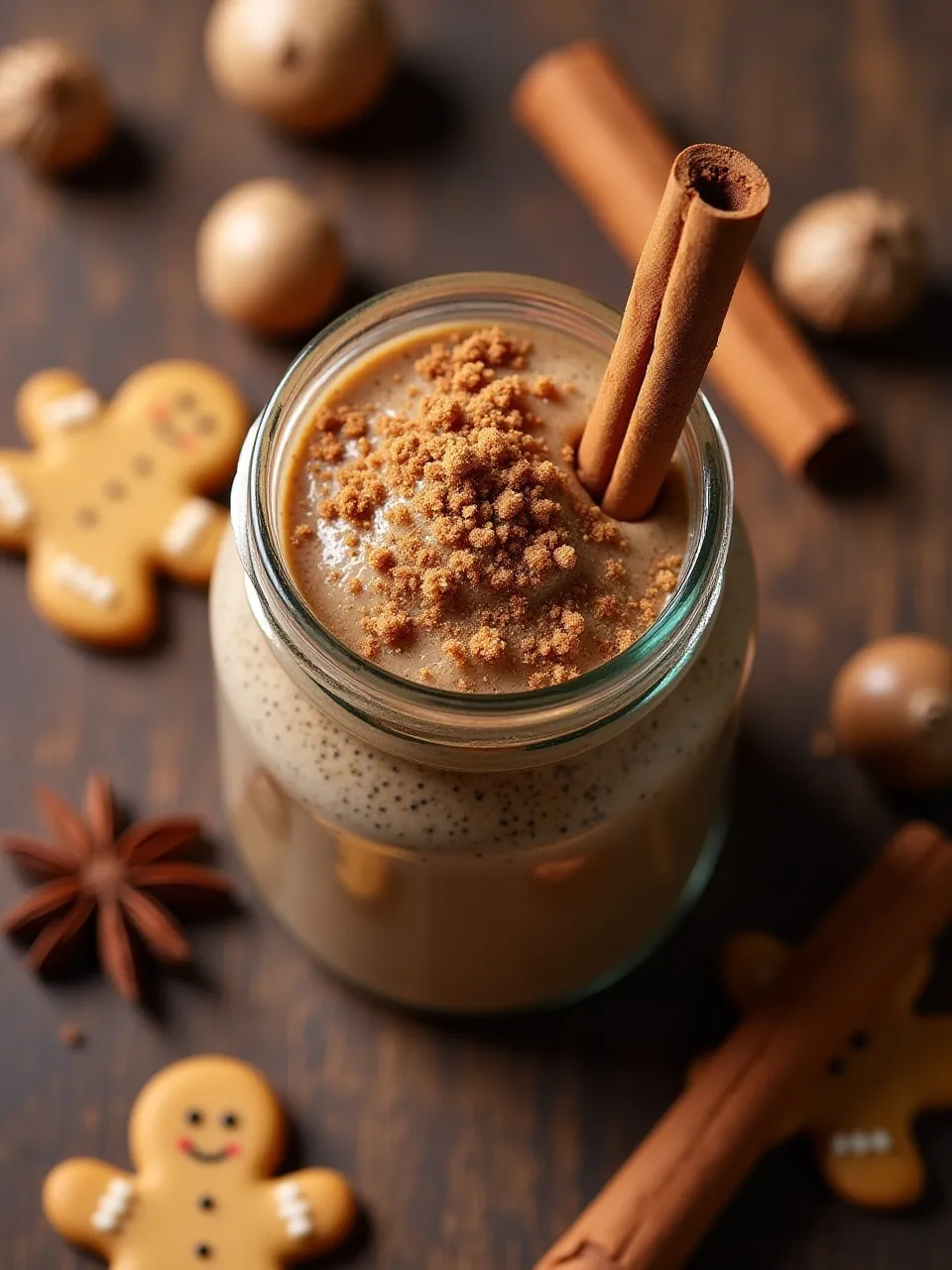 Gingerbread chia pudding topped with crushed cookies and cinnamon, surrounded by festive spices and gingerbread cookies.