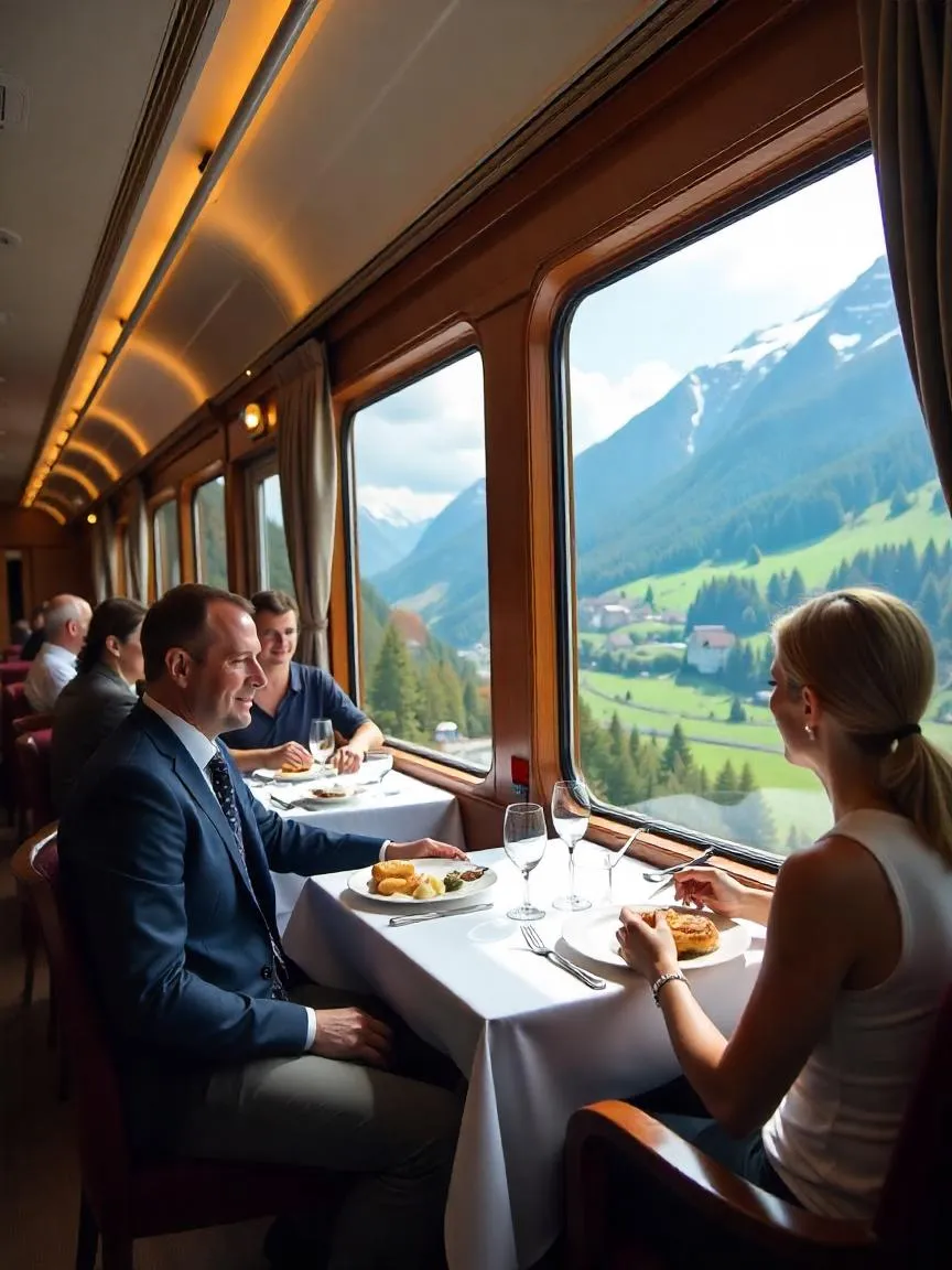Passengers dining aboard the Glacier Express with panoramic views of the Swiss Alps.