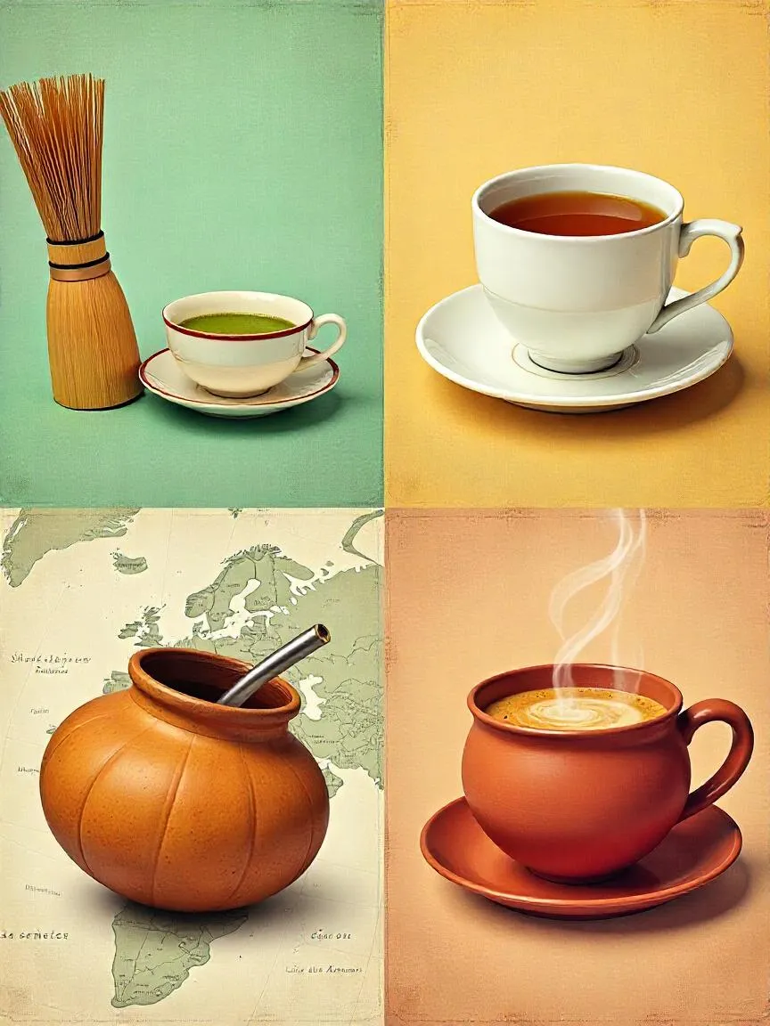 A global-themed collage of tea traditions, including matcha, masala chai, yerba mate, and classic teacups, showcasing tea culture from around the world.