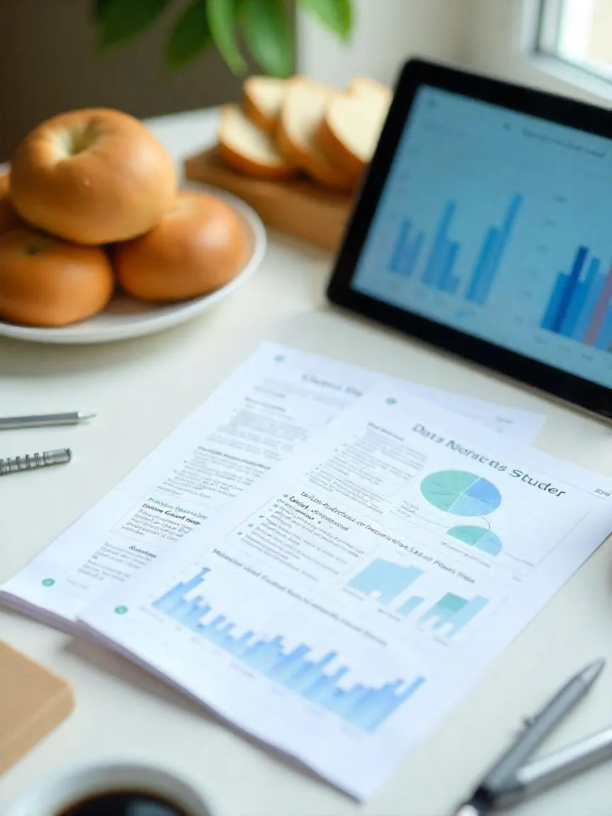 Open research papers and gluten-free foods on a desk with a tablet displaying scientific data, symbolizing the study of gluten-free diets and their health effects.