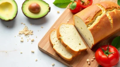 Sliced gluten-free bread on a wooden board with whole grains and fresh vegetables, illustrating a gluten-free diet setup.