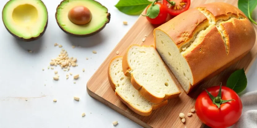 Sliced gluten-free bread on a wooden board with whole grains and fresh vegetables, illustrating a gluten-free diet setup.