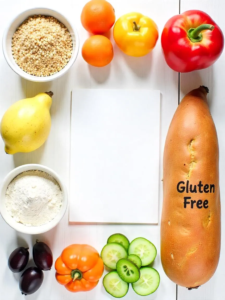 Selection of gluten-free foods including quinoa, vegetables, and gluten-free bread, with a label reading “Gluten-Free for Weight Loss.”