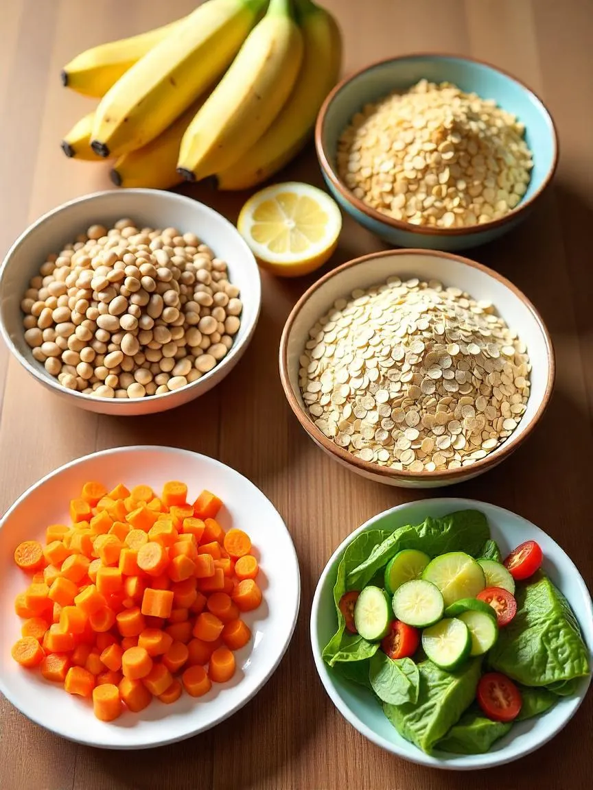 Assortment of foods showing factors that affect glycemic index, including whole grains, ripe fruits, high-fiber vegetables, and meals with healthy fats or acids. 