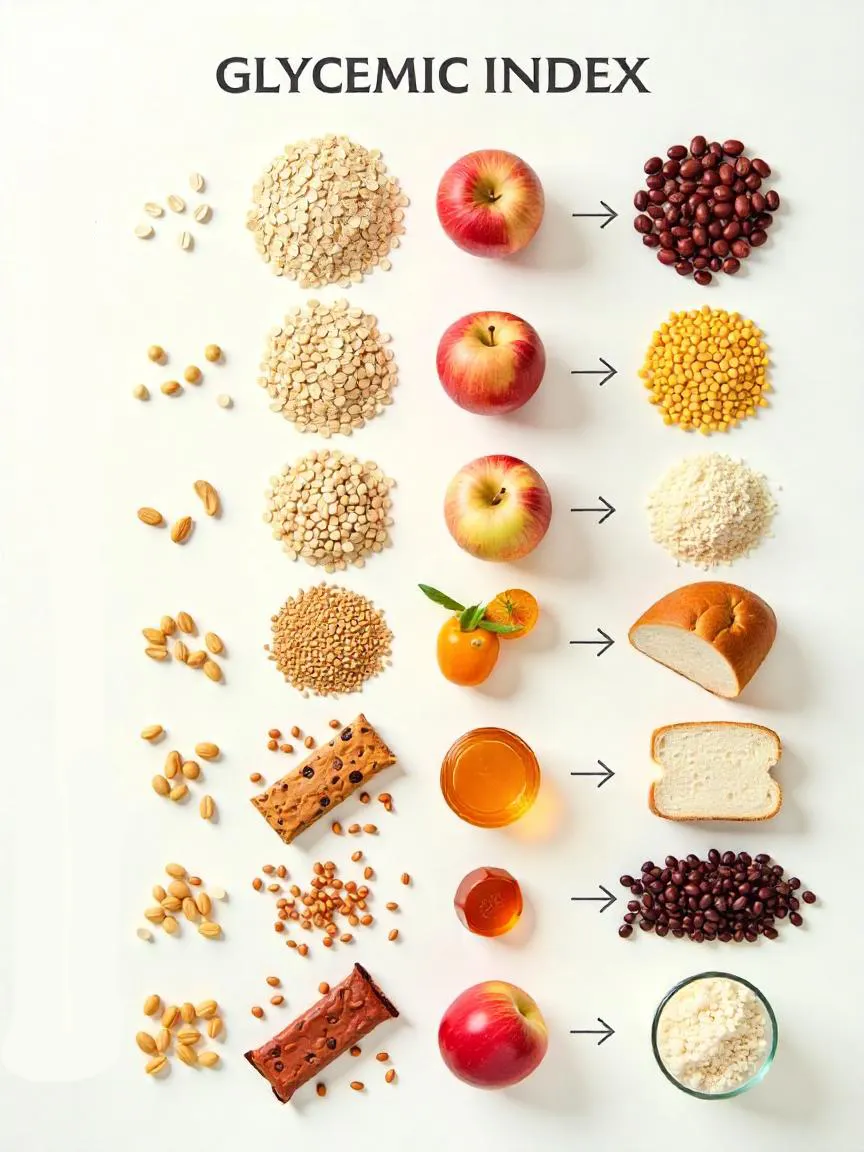 Assortment of carbohydrate-rich foods visually arranged from low to high glycemic index without any text or labels. 
