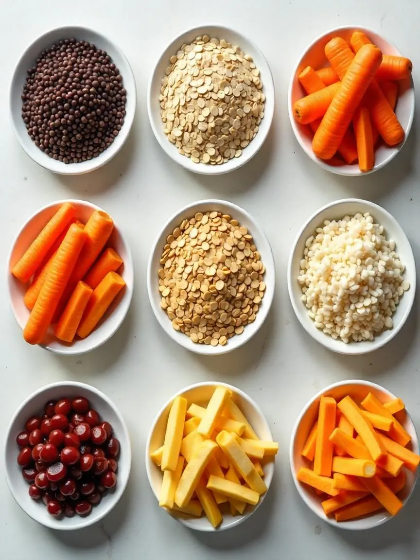 Selection of common foods with varying glycemic loads, including fruits, grains, legumes, sweets, and beverages. 