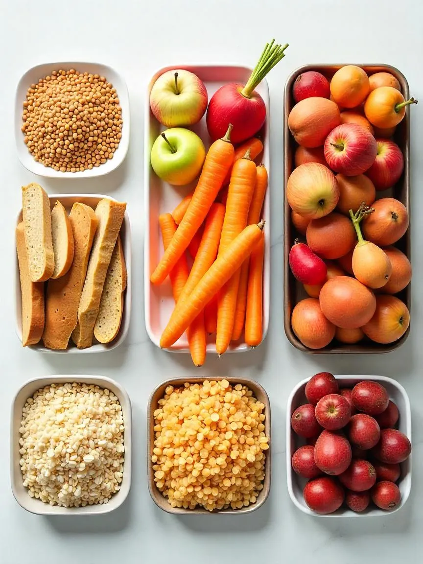 Assortment of foods visually grouped by low, medium, and high glycemic load, including fruits, legumes, whole grains, and processed snacks. 
