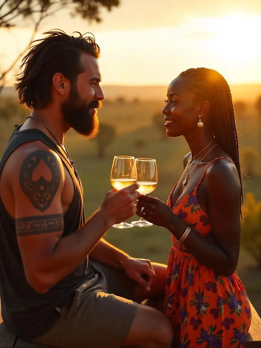 A man and woman enjoying glasses of wine on a terrace during a summer evening under golden sunlight.