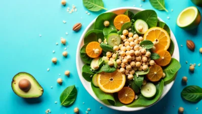 Collage of fresh salad ingredients including leafy greens, colorful vegetables, proteins, healthy fats, and dressings arranged to inspire creative salad making.