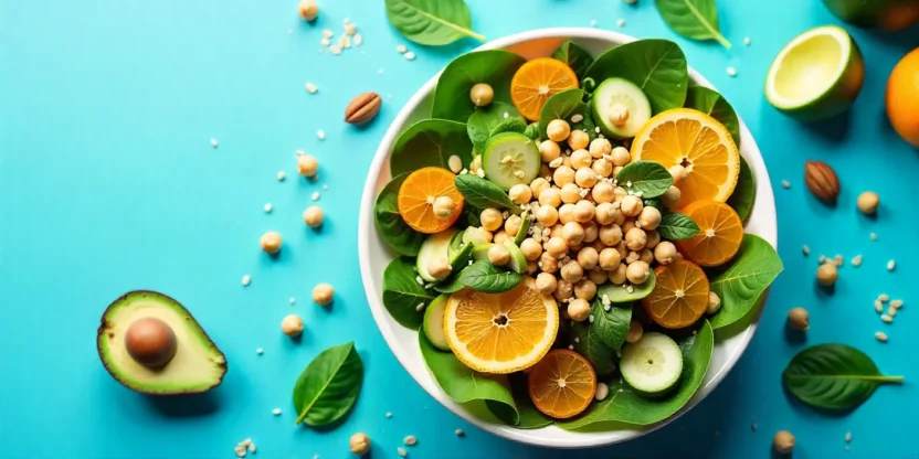 Collage of fresh salad ingredients including leafy greens, colorful vegetables, proteins, healthy fats, and dressings arranged to inspire creative salad making.