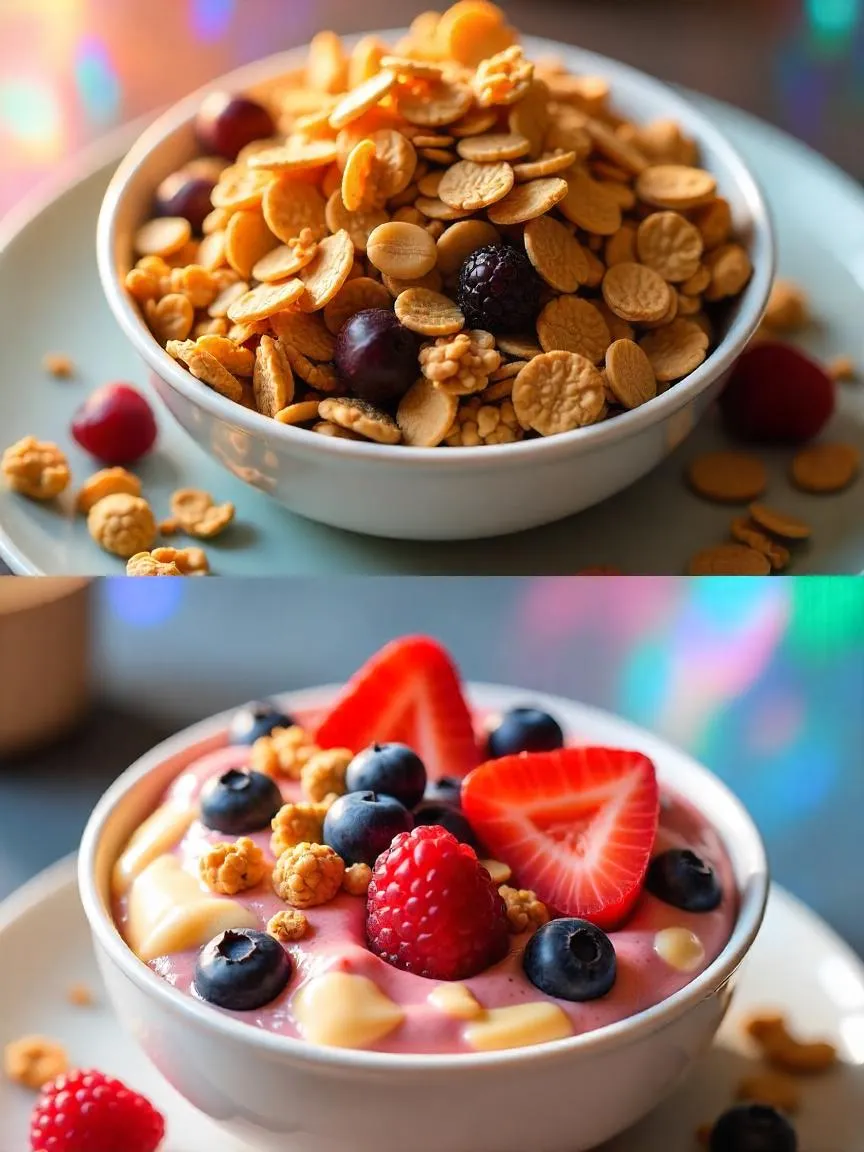 Collage of Bob’s Red Mill granola: crunchy granola mix with seeds and dried fruits, and granola topping on a smoothie bowl with fresh fruits.