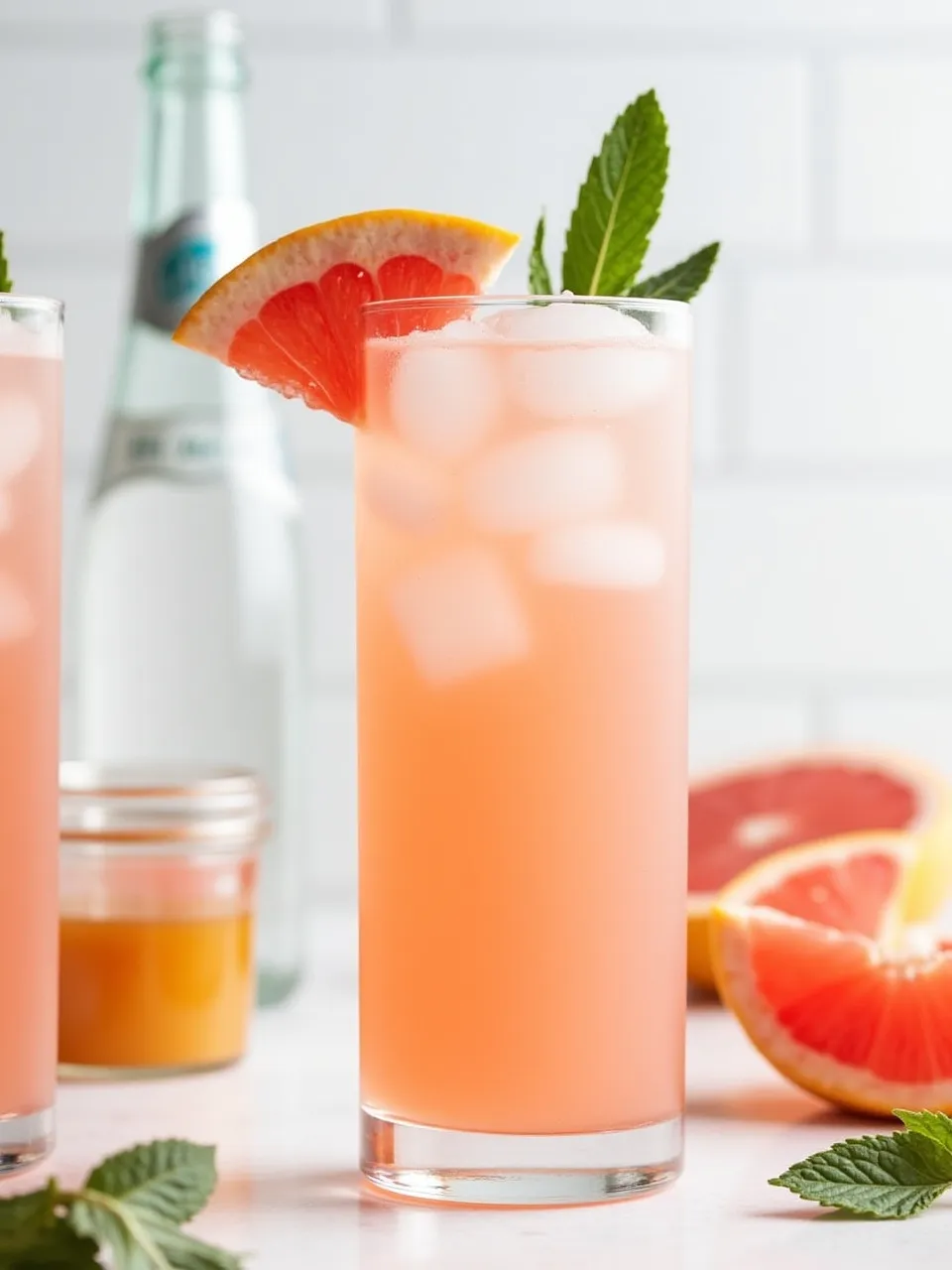Refreshing grapefruit Italian soda with ice, garnished with a grapefruit wedge and mint sprig.