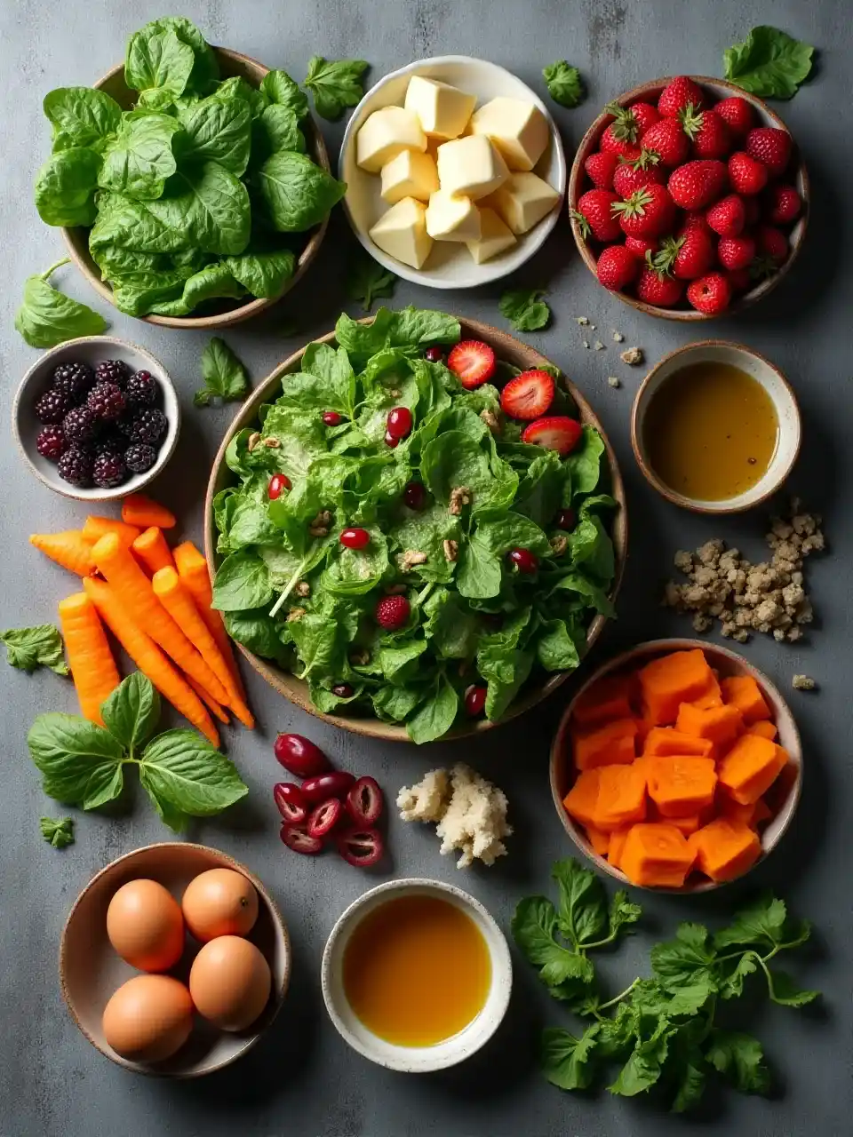 Top view of assorted salad ingredients including greens, vegetables, proteins, and fats, arranged like a build-your-own salad guide.