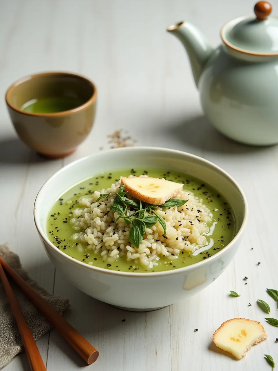Jasmine rice infused with green tea, garnished with sesame seeds and fresh ginger slices, served in a bowl.