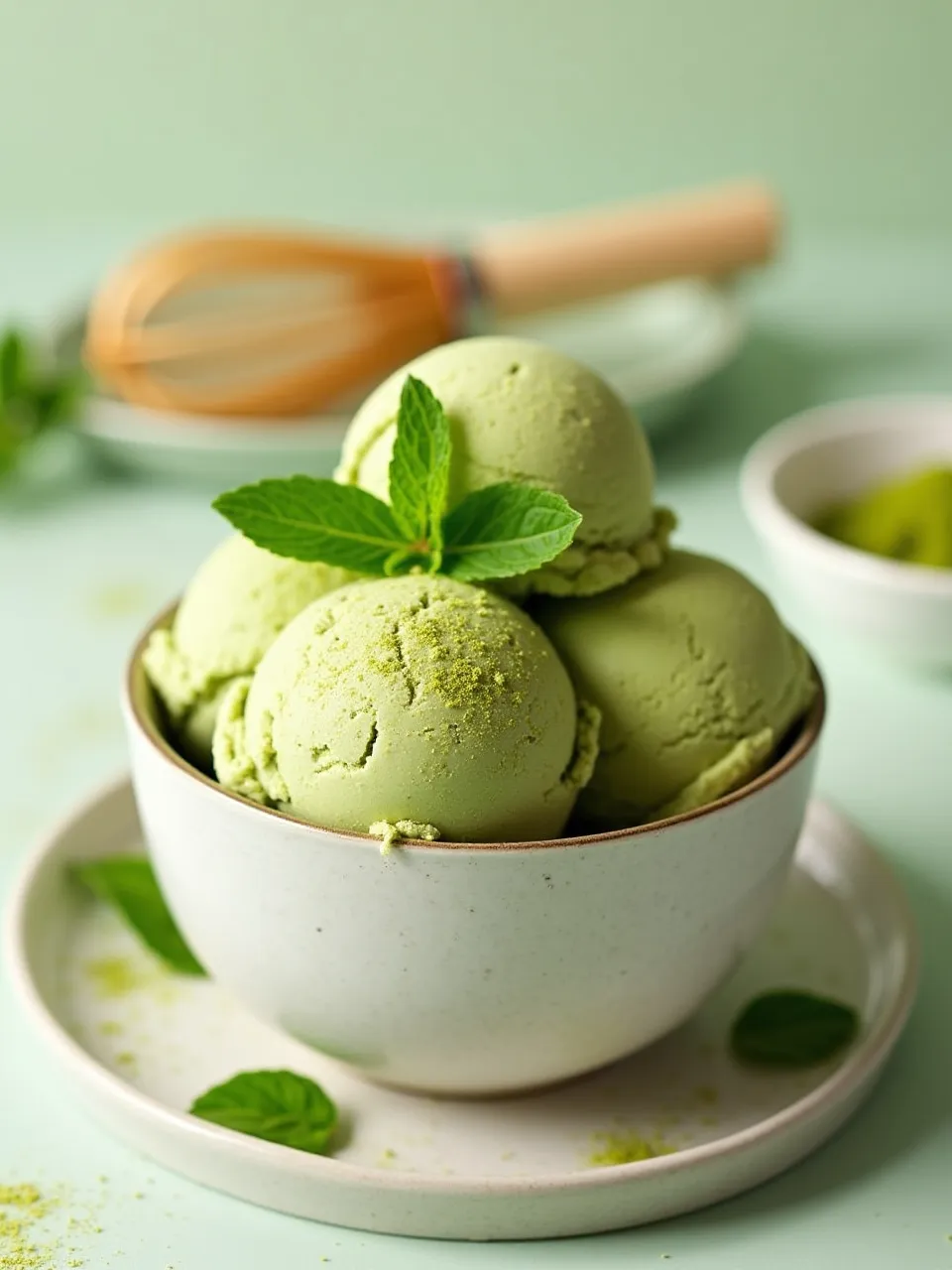 Green tea matcha ice cream scoops in a bowl with matcha powder and mint leaves.