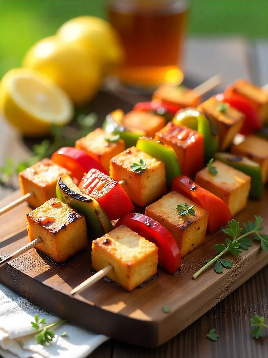 BBQ tofu skewers with grilled bell peppers and onions served with smoky glaze on a wooden platter.