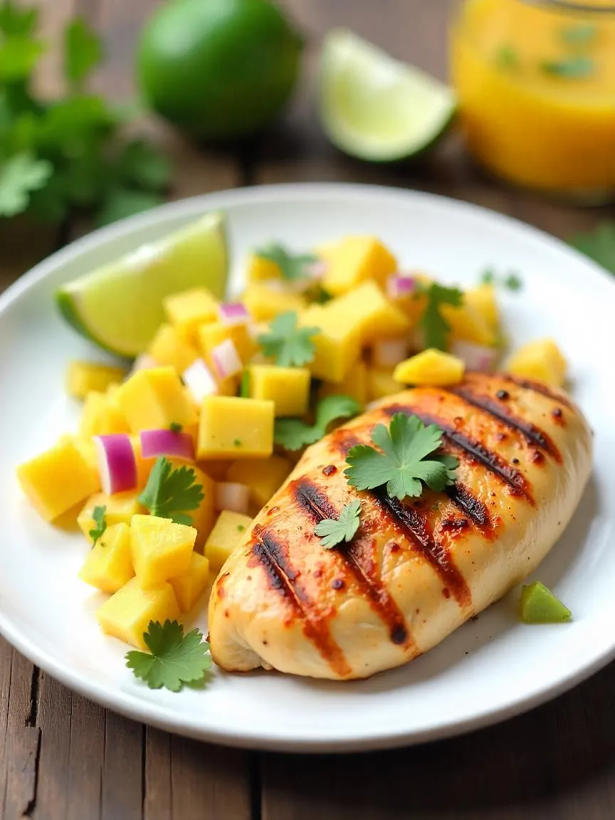 Grilled chicken topped with tropical fruit salsa made of mango and pineapple, served with lime wedges on a summer-themed plate.