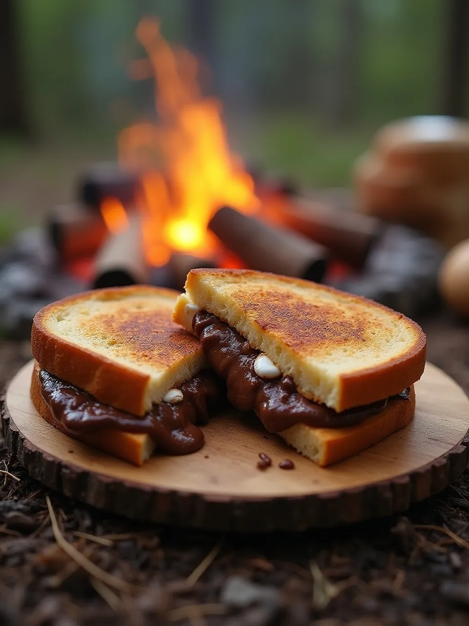 Grilled Nutella and marshmallow sandwich with melted filling and crispy golden bread, served by a campfire.