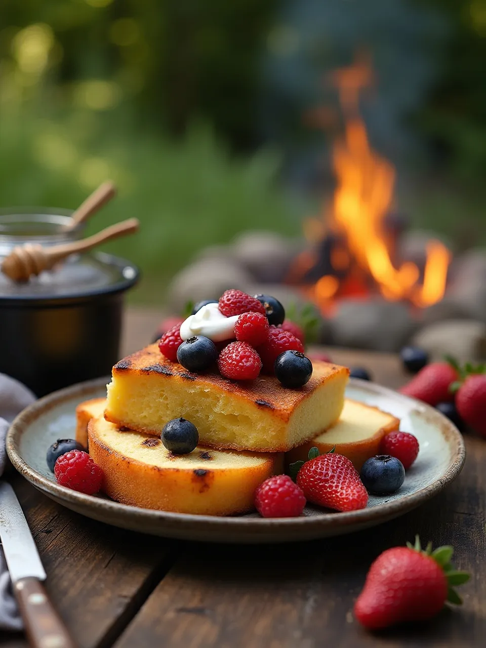 Grilled pound cake topped with fresh berries and whipped cream, served outdoors near a campfire.
