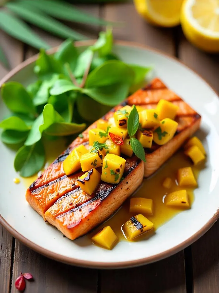 Grilled salmon fillet topped with fresh mango chutney and served with lime and greens.
