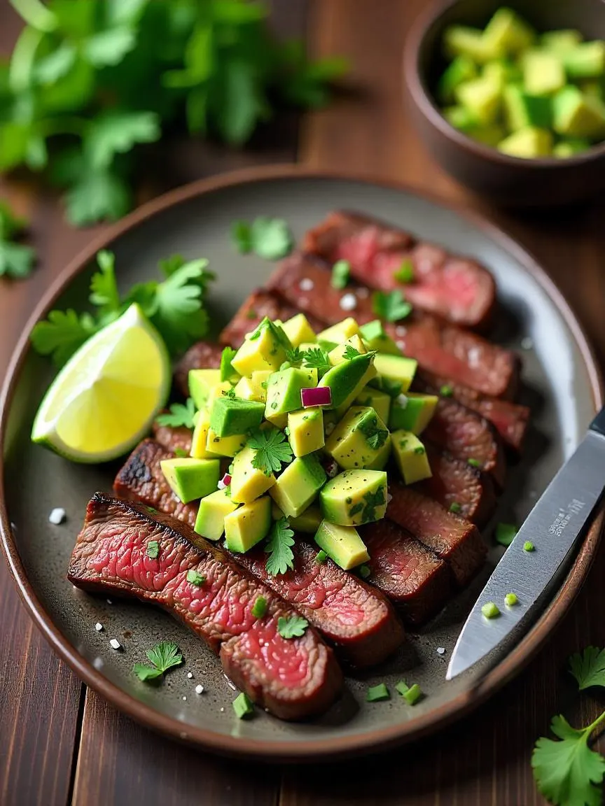 Grilled steak slices topped with fresh avocado salsa and lime wedges, served on a rustic plate with herbs in a bold yet refreshing setting.