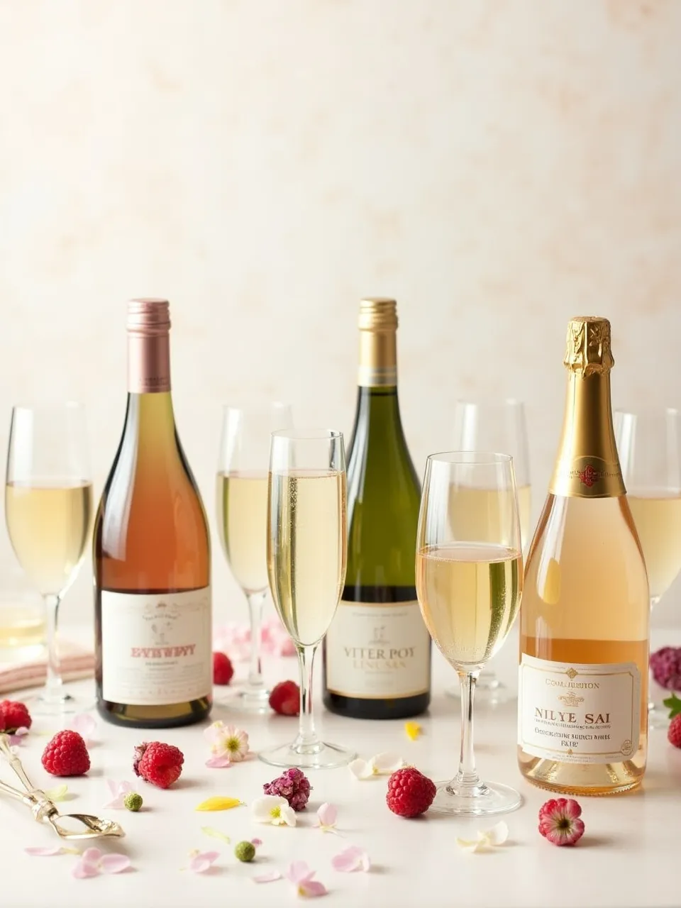 Collage of sparkling wine types with food pairings on a spring-themed Easter brunch table.