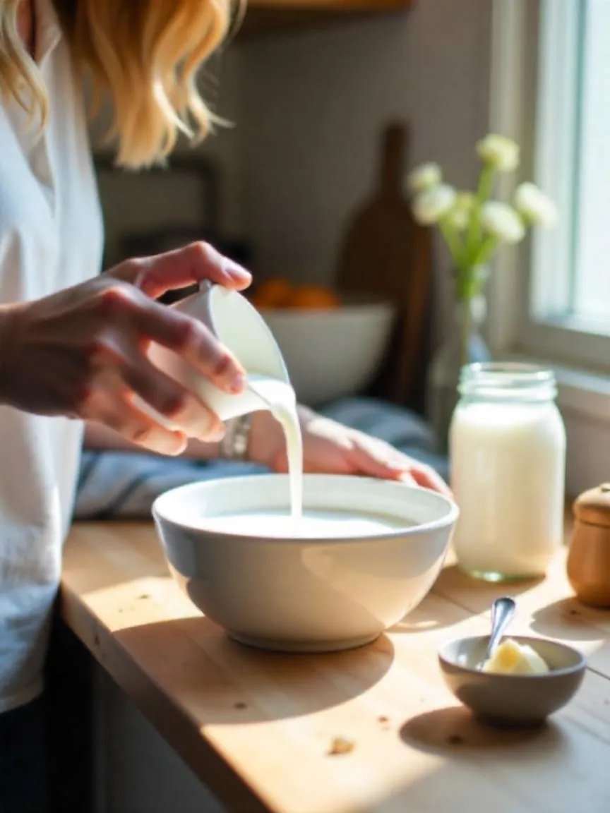 Person pouring hot milk into a bowl during homemade yogurt preparation in a cozy kitchen.