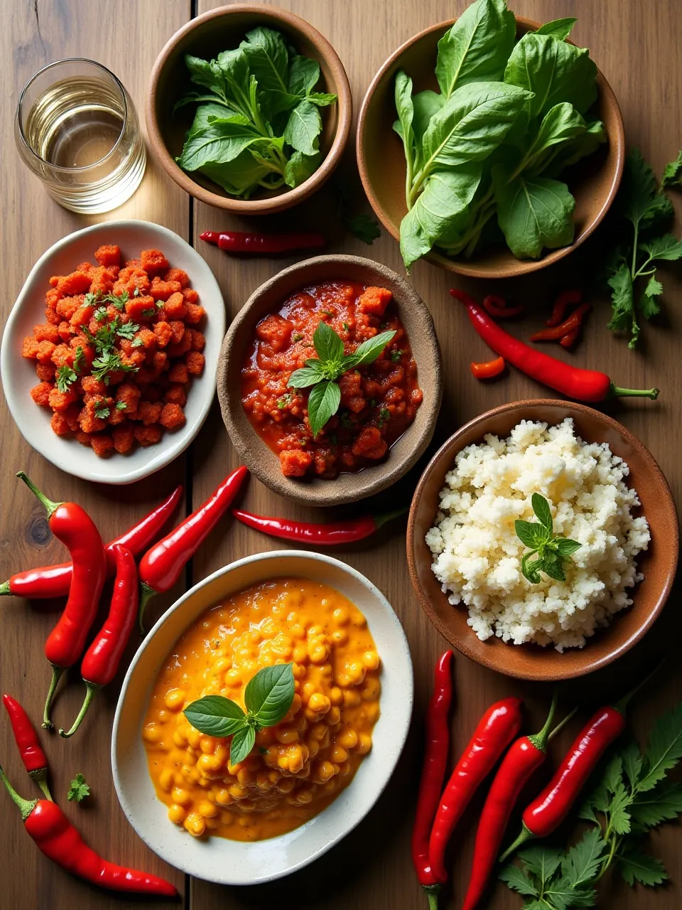 Assorted spicy foods with fresh chili peppers, greens, and heart-healthy elements symbolizing the benefits of eating spicy food.