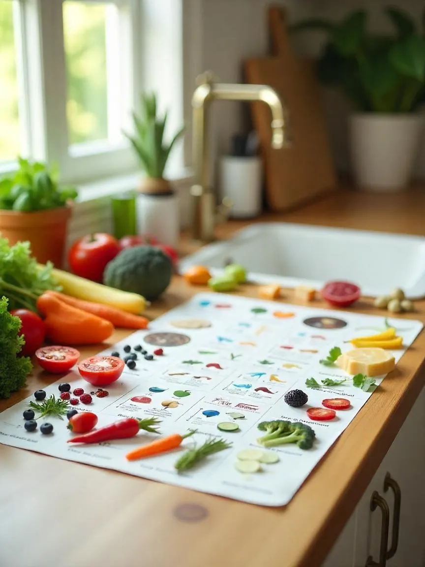Various fruits and vegetables labeled with their health benefits, displayed on a kitchen counter. 