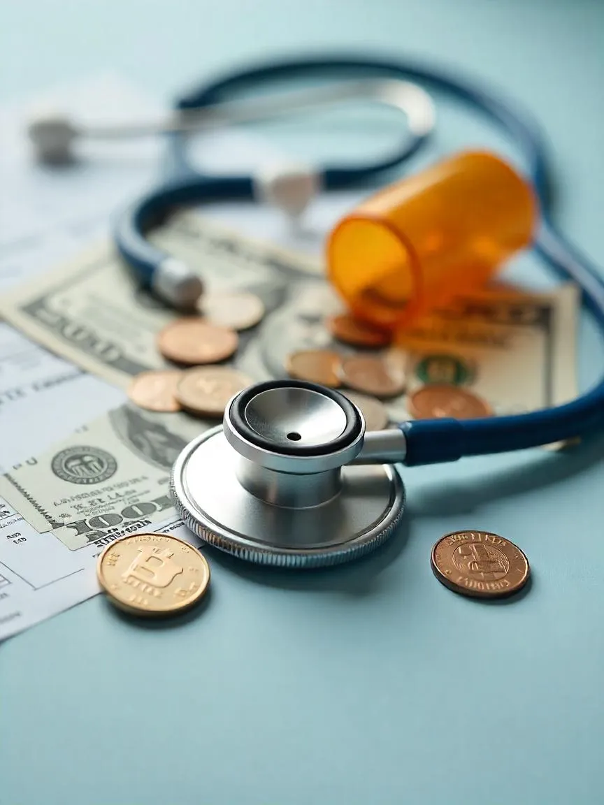 A stethoscope on top of money and medical items symbolizing health care costs. 