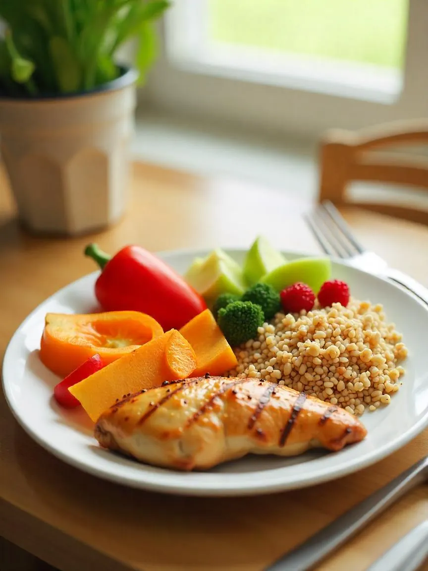 Photorealistic balanced plate showing vegetables, fruits, whole grains, and grilled chicken in a bright, home-style dining setting.