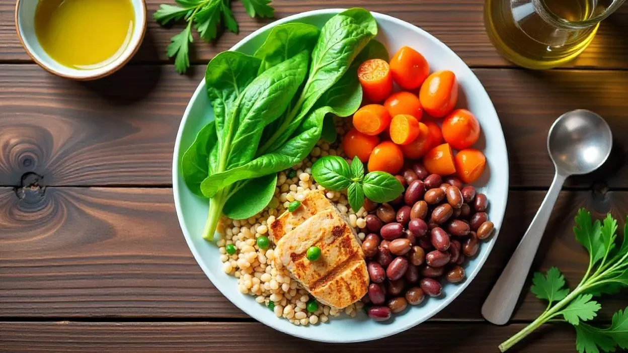A vibrant, balanced meal with vegetables, grains, and healthy protein, representing the importance of food quality in a healthy diet.