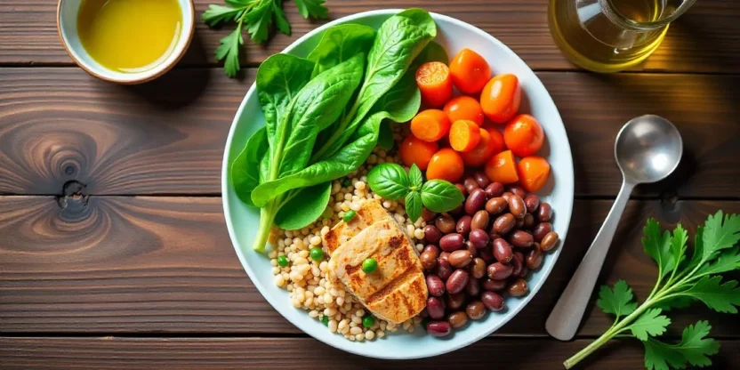 A vibrant, balanced meal with vegetables, grains, and healthy protein, representing the importance of food quality in a healthy diet.